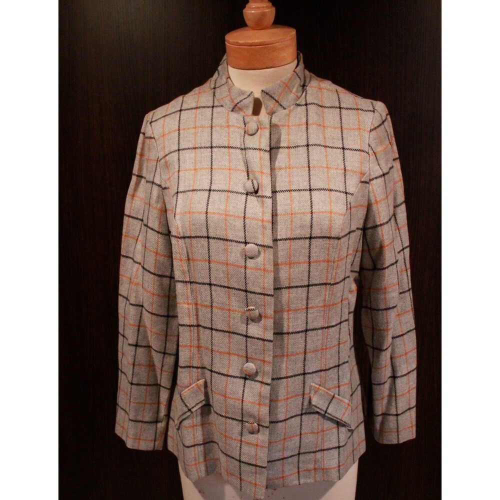 VTG Alex Colman Gray Plaid Wool Blazer Preppy Mandarin Collar Orange Liner